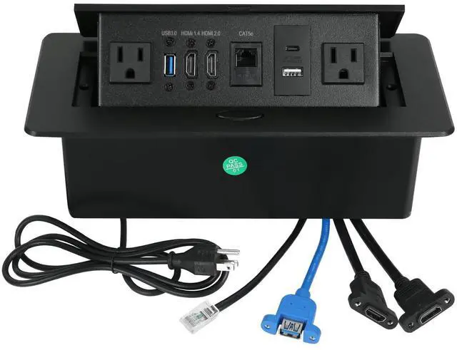Main image of Table Pop up Power Strip Box Desktop Pop Up Outlet Recessed Multimedia Strip Socket Conference Table Power Hub Hidden Table Connection Box with Outlet Network HDMI for Office Desk (Black-D)