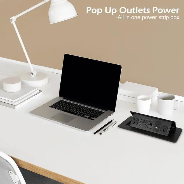 Alt view image 7 of 7 - Table Pop up Power Strip Box Desktop Pop Up Outlet Recessed Multimedia Strip Socket Conference Table Power Hub Hidden Table Connection Box with Outlet Network HDMI for Office Desk (Black-D)