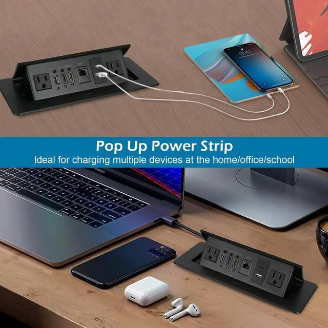 Alt view image 6 of 7 - Table Pop up Power Strip Box Desktop Pop Up Outlet Recessed Multimedia Strip Socket Conference Table Power Hub Hidden Table Connection Box with Outlet Network HDMI for Office Desk (Black-D)