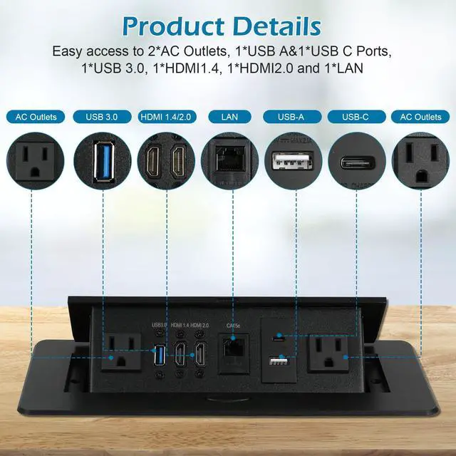 Alt view image 3 of 7 - Table Pop up Power Strip Box Desktop Pop Up Outlet Recessed Multimedia Strip Socket Conference Table Power Hub Hidden Table Connection Box with Outlet Network HDMI for Office Desk (Black-D)