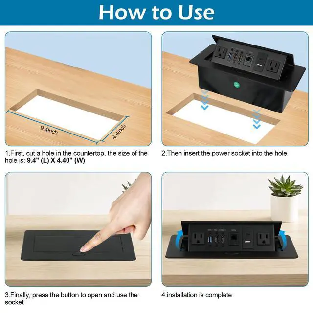 Alt view image 4 of 7 - Table Pop up Power Strip Box Desktop Pop Up Outlet Recessed Multimedia Strip Socket Conference Table Power Hub Hidden Table Connection Box with Outlet Network HDMI for Office Desk (Black-D)