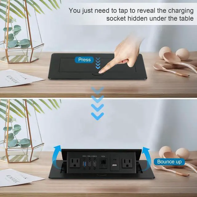 Alt view image 5 of 7 - Table Pop up Power Strip Box Desktop Pop Up Outlet Recessed Multimedia Strip Socket Conference Table Power Hub Hidden Table Connection Box with Outlet Network HDMI for Office Desk (Black-D)