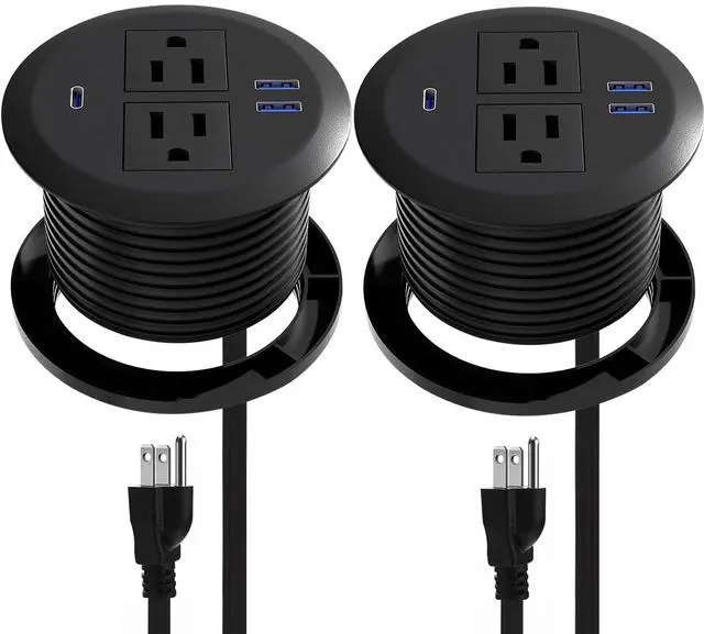 Main image of 2 Pack Desktop Power Grommet,PD20W Fast Charging USB-C.3-inch Round Flush-Mount Desk Outlet,Recessed Grommet Outlet,3 USB Ports,2 AC Outlets,ETL Listed,6.5-FT Cord,Black