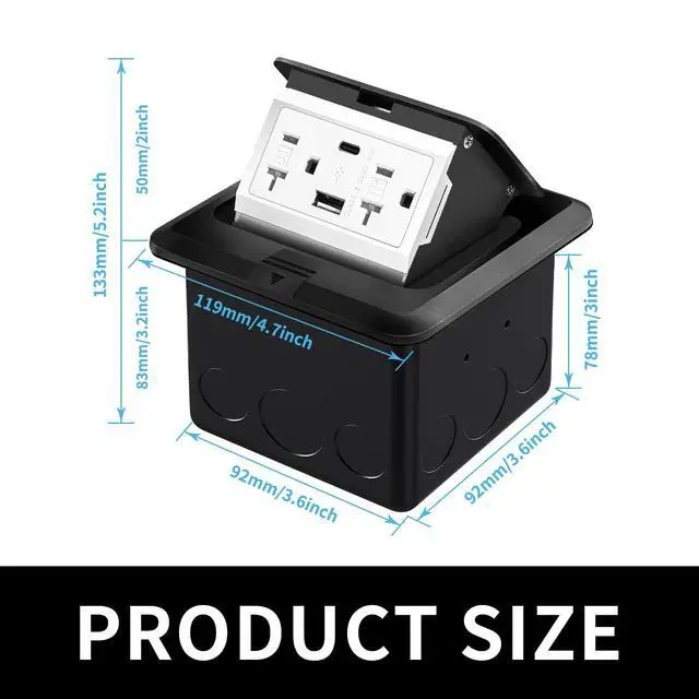 Alt view image 2 of 7 - Recessed Floor Electrical Outlet Kit, Waterproof Electrical Outlet Cover Box, Hidden 4.8A USB A+C, 20A Tamper-Resistant Receptacle Outlet with Slow Elastic Damping, UL Certified, Black
