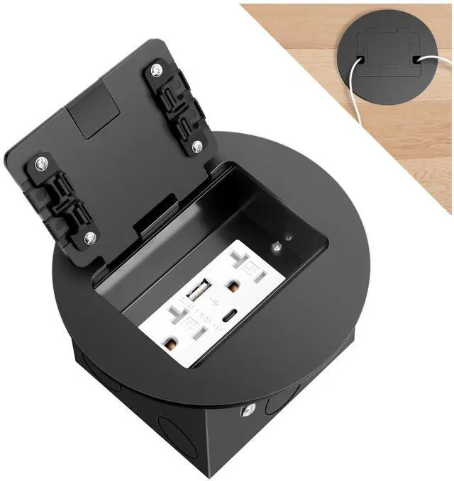 Main image of Recessed Floor Outlet 1-Gang with 4.8A USB A+Type C Port, 20 Amp TR Receptacles Round Hidden Outlet Kit Electrical Waterproof Cover Box for Home Renovation, ETL Certified, Black