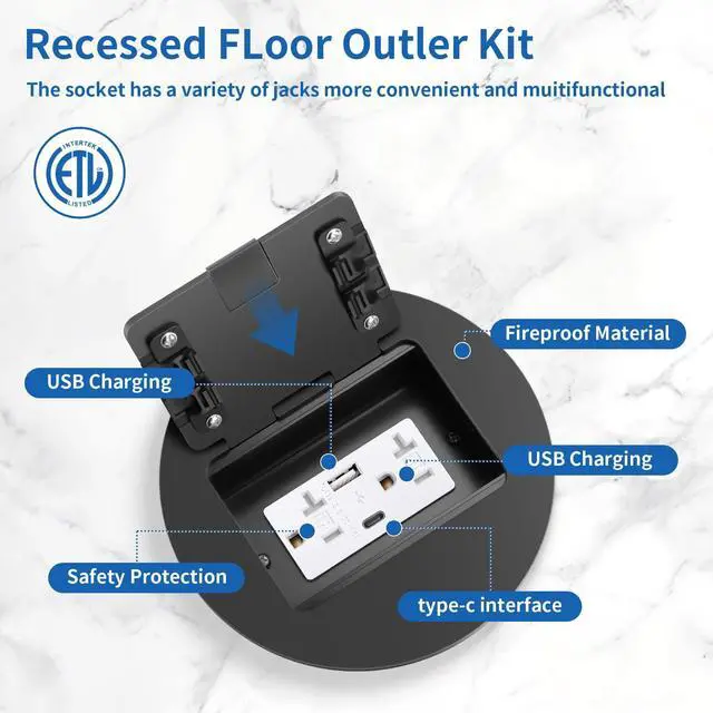 Alt view image 2 of 7 - Recessed Floor Outlet 1-Gang with 4.8A USB A+Type C Port, 20 Amp TR Receptacles Round Hidden Outlet Kit Electrical Waterproof Cover Box for Home Renovation, ETL Certified, Black