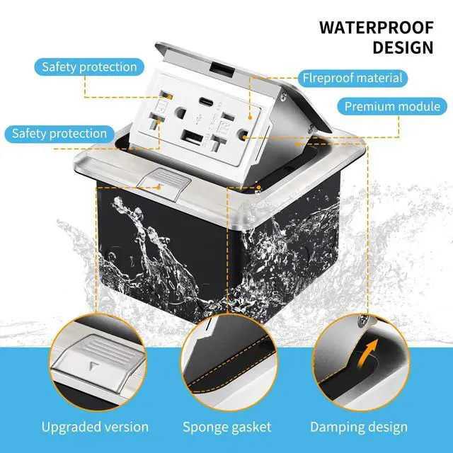 Alt view image 2 of 5 - Recessed Floor Electrical Outlet Kit, Waterproof Electrical Outlet Cover Box, Hidden 4.8A USB A+C, 20A Tamper-Resistant Receptacle Outlet with Slow Elastic Damping, UL Certified, Metallic