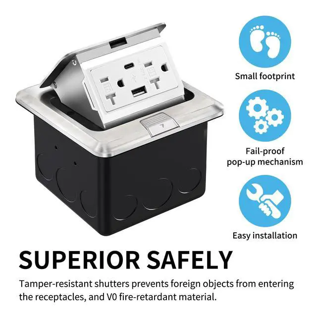 Alt view image 3 of 5 - Recessed Floor Electrical Outlet Kit, Waterproof Electrical Outlet Cover Box, Hidden 4.8A USB A+C, 20A Tamper-Resistant Receptacle Outlet with Slow Elastic Damping, UL Certified, Metallic