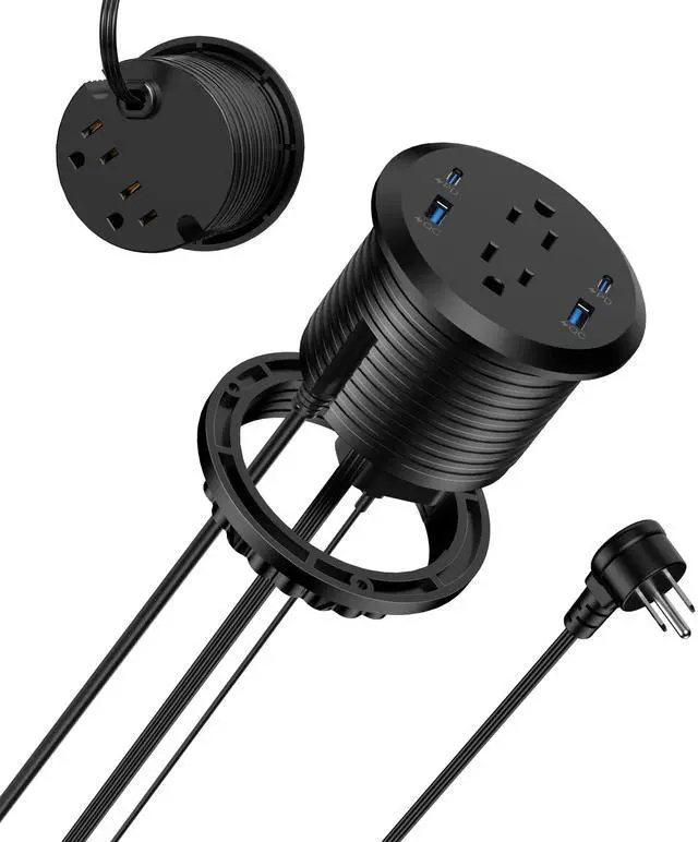 Main image of Power Strip,Flush Mount Recessed Power Grommet,65W USB C Fast Charging,3-Inch Hole, 4 Outlets & 4 Ports, Ideal for Desktop & Countertop Outlet,Dual-Sided (Black, 6FT)
