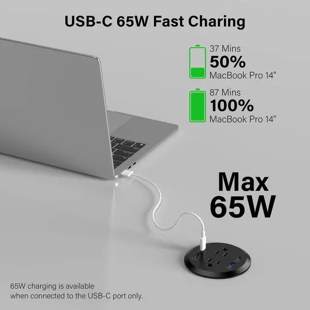 Alt view image 2 of 7 - Power Strip,Flush Mount Recessed Power Grommet,65W USB C Fast Charging,3-Inch Hole, 4 Outlets & 4 Ports, Ideal for Desktop & Countertop Outlet,Dual-Sided (Black, 6FT)