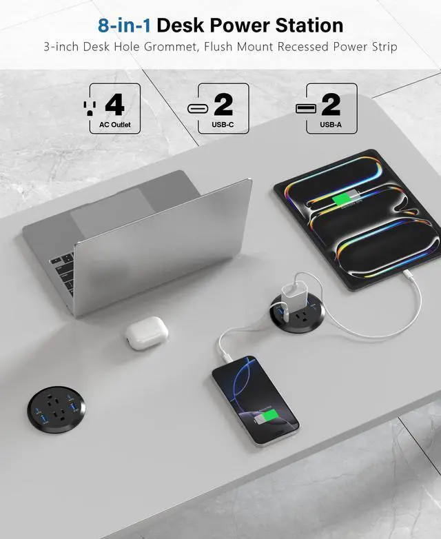 Alt view image 4 of 7 - Power Strip,Flush Mount Recessed Power Grommet,65W USB C Fast Charging,3-Inch Hole, 4 Outlets & 4 Ports, Ideal for Desktop & Countertop Outlet,Dual-Sided (Black, 6FT)