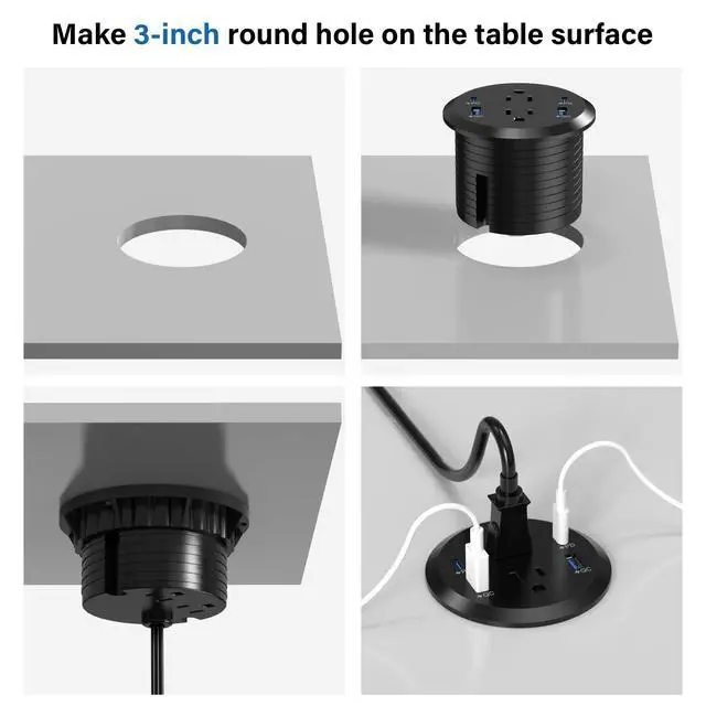 Alt view image 6 of 7 - Power Strip,Flush Mount Recessed Power Grommet,65W USB C Fast Charging,3-Inch Hole, 4 Outlets & 4 Ports, Ideal for Desktop & Countertop Outlet,Dual-Sided (Black, 6FT)