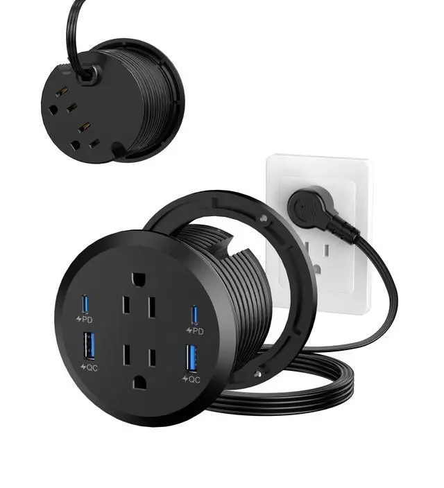 Alt view image 7 of 7 - Power Strip,Flush Mount Recessed Power Grommet,65W USB C Fast Charging,3-Inch Hole, 4 Outlets & 4 Ports, Ideal for Desktop & Countertop Outlet,Dual-Sided (Black, 6FT)