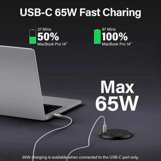Alt view image 2 of 7 - Desktop Power Grommet, 65W USB C Fast Charging Port, Flush Mount Recessed Power Strip 3inch Hole,2 Outlets,4 USB Ports, Countertop Outlet (Black, 65W USB Port)