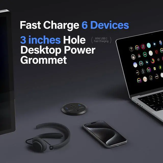 Alt view image 3 of 7 - Desktop Power Grommet, 65W USB C Fast Charging Port, Flush Mount Recessed Power Strip 3inch Hole,2 Outlets,4 USB Ports, Countertop Outlet (Black, 65W USB Port)