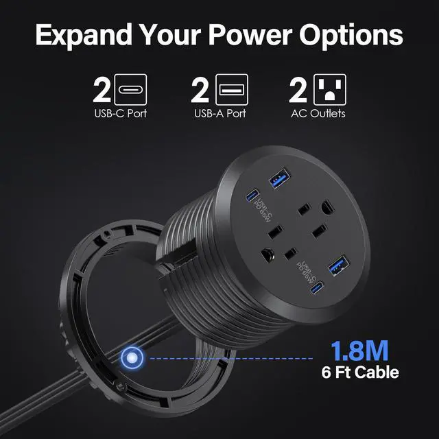 Alt view image 4 of 7 - Desktop Power Grommet, 65W USB C Fast Charging Port, Flush Mount Recessed Power Strip 3inch Hole,2 Outlets,4 USB Ports, Countertop Outlet (Black, 65W USB Port)