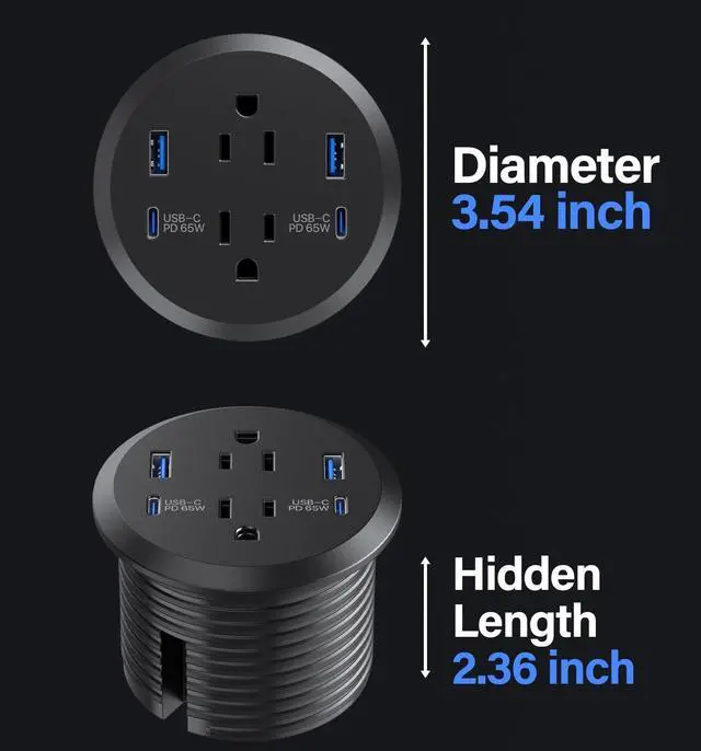 Alt view image 7 of 7 - Desktop Power Grommet, 65W USB C Fast Charging Port, Flush Mount Recessed Power Strip 3inch Hole,2 Outlets,4 USB Ports, Countertop Outlet (Black, 65W USB Port)