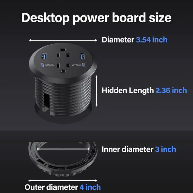 Alt view image 6 of 7 - Desktop Power Grommet, 65W USB C Fast Charging Port, Flush Mount Recessed Power Strip 3inch Hole,2 Outlets,4 USB Ports, Countertop Outlet (Black, 65W USB Port)