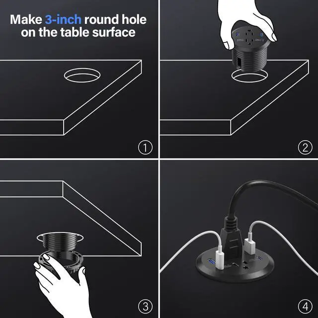 Alt view image 5 of 7 - Desktop Power Grommet, 65W USB C Fast Charging Port, Flush Mount Recessed Power Strip 3inch Hole,2 Outlets,4 USB Ports, Countertop Outlet (Black, 65W USB Port)
