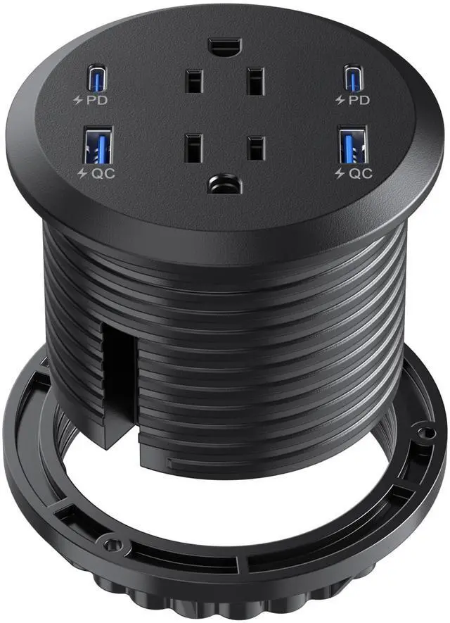 Main image of Desktop Power Grommet, 65W USB C Fast Charging Port, Flush Mount Recessed Power Strip 3inch Hole,2 Outlets,4 USB Ports, Countertop Outlet (Black, 65W USB Port)
