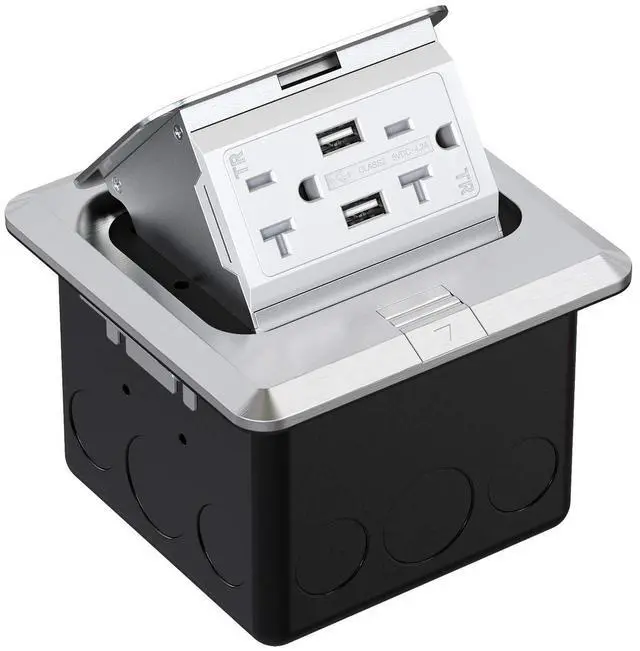 Main image of Pop Up Floor Outlet Covers Box with 20 Amp Stainless Steel USB TR Receptacle Outlet, 1 Pack, Silver