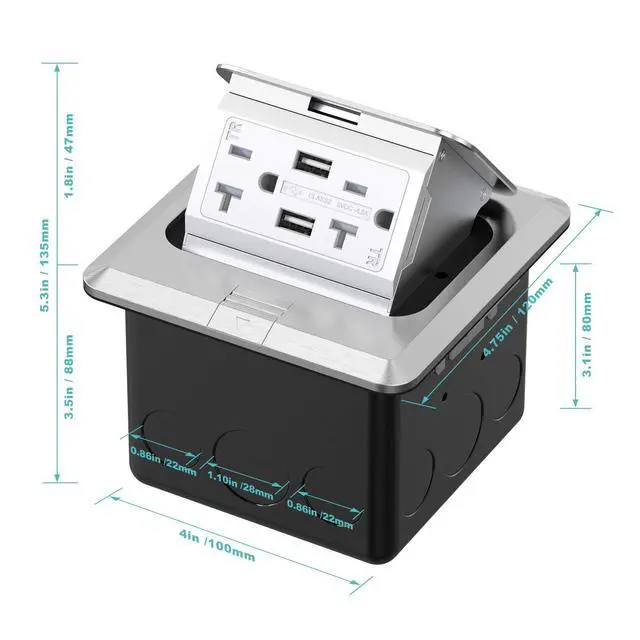Alt view image 3 of 6 - Pop Up Floor Outlet Covers Box with 20 Amp Stainless Steel USB TR Receptacle Outlet, 1 Pack, Silver