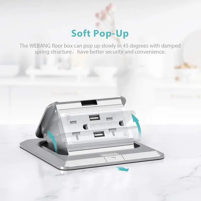 Alt view image 4 of 6 - Pop Up Floor Outlet Covers Box with 20 Amp Stainless Steel USB TR Receptacle Outlet, 1 Pack, Silver