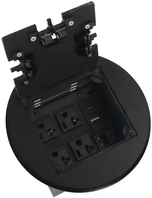 Main image of Recessed Circular Floor Outlet Kit 20 Amp Round Hidden Floor Socket Stainless Steel Waterproof Electrical Outlet Cover Box (4 AC, Black)