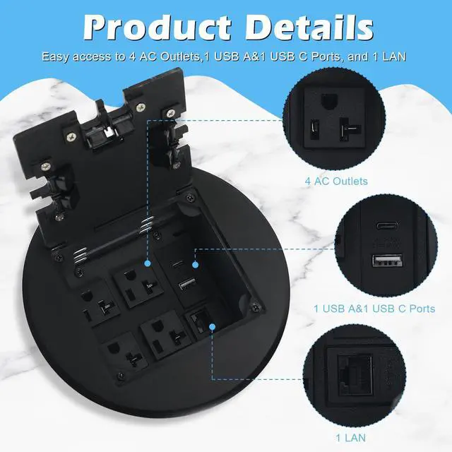 Alt view image 3 of 7 - Recessed Circular Floor Outlet Kit 20 Amp Round Hidden Floor Socket Stainless Steel Waterproof Electrical Outlet Cover Box (4 AC, Black)