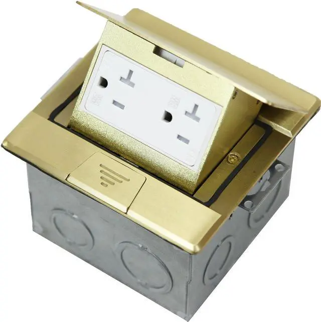 Main image of Square Pop-Up Floor Box Kit, 4.75" x 4.75" Cover, 20A Tamper-Weather Resistant Receptacle Outlet, Watertight Gasket, Corrosive Resistant Hardware, 961241-C, Brass (661241-C)