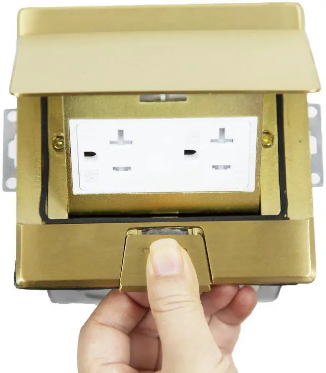 Alt view image 4 of 6 - Square Pop-Up Floor Box Kit, 4.75" x 4.75" Cover, 20A Tamper-Weather Resistant Receptacle Outlet, Watertight Gasket, Corrosive Resistant Hardware, 961241-C, Brass (661241-C)