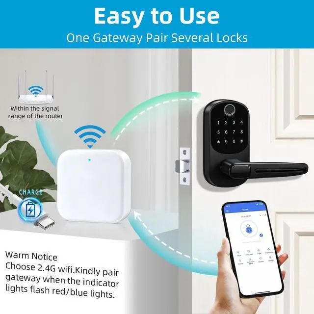 Alt view image 2 of 6 - Smart Lock G2 WiFi Gateway,Keyless Entry Door Lock & TT Lock App Bluetooth Remotely Control, Paired with Smart Door Lock WiFi Gateway Smart Hub Compatible with Alexa Voice Control