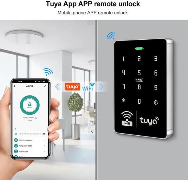 Alt view image 3 of 7 - Wireless WiFi Access Control Keypad, Waterproof Independent access control system, EM card reader, WG26/34, backlit RFID door lock, TUYA security access controller for garage doors, gate opener