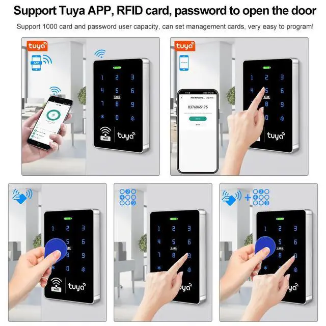 Alt view image 2 of 7 - Wireless WiFi Access Control Keypad, Waterproof Independent access control system, EM card reader, WG26/34, backlit RFID door lock, TUYA security access controller for garage doors, gate opener