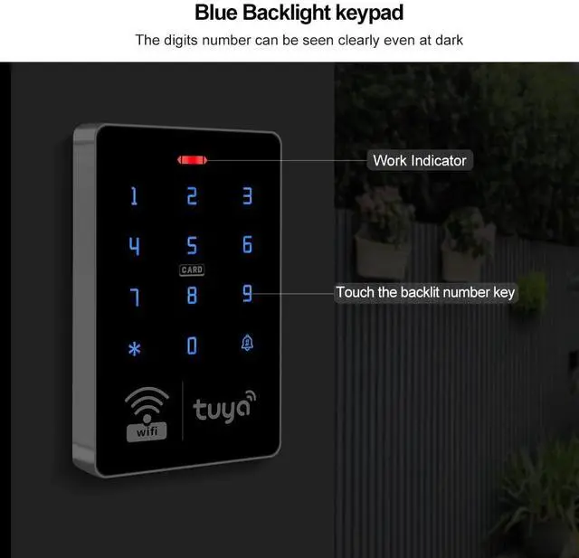 Alt view image 5 of 7 - Wireless WiFi Access Control Keypad, Waterproof Independent access control system, EM card reader, WG26/34, backlit RFID door lock, TUYA security access controller for garage doors, gate opener