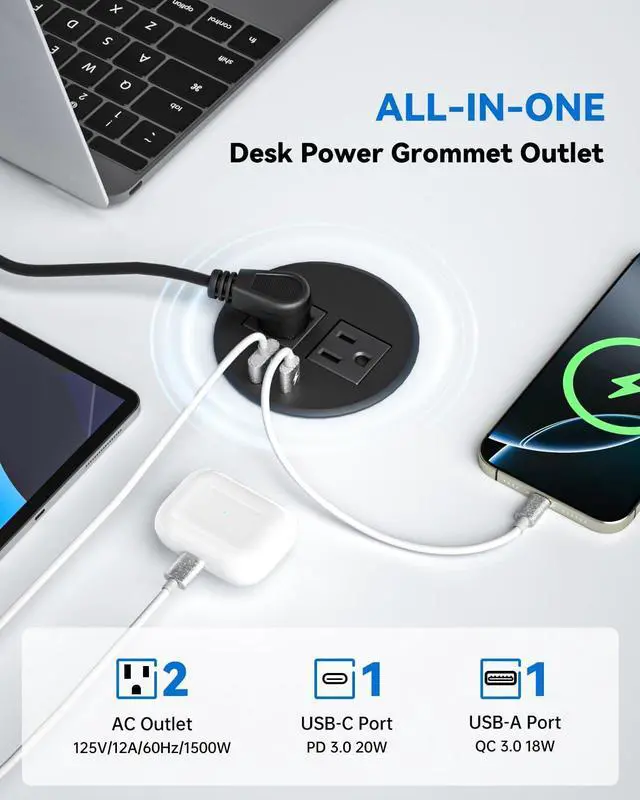 Alt view image 2 of 7 - Desktop Power Grommet with 20W USB C Fast Charging, 3 inch Flush-Mount Recessed Power Strip for Desk,Office Tables,Furniture, Recessed Outlet 6FT Cord, 45° Thin Flat Plug, 2 USB Ports, Black
