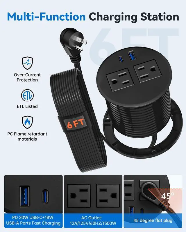 Alt view image 4 of 7 - Desktop Power Grommet with 20W USB C Fast Charging, 3 inch Flush-Mount Recessed Power Strip for Desk,Office Tables,Furniture, Recessed Outlet 6FT Cord, 45° Thin Flat Plug, 2 USB Ports, Black