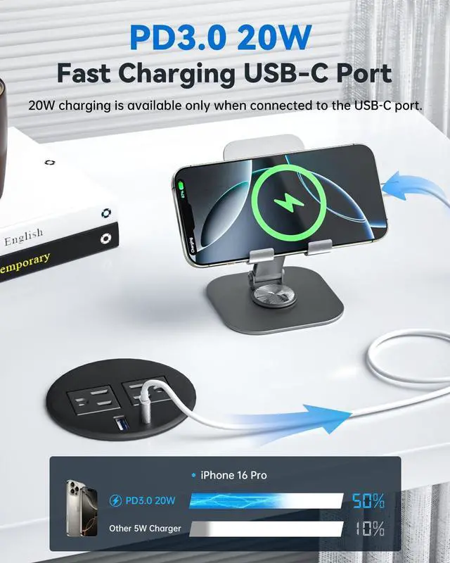 Alt view image 3 of 7 - Desktop Power Grommet with 20W USB C Fast Charging, 3 inch Flush-Mount Recessed Power Strip for Desk,Office Tables,Furniture, Recessed Outlet 6FT Cord, 45° Thin Flat Plug, 2 USB Ports, Black
