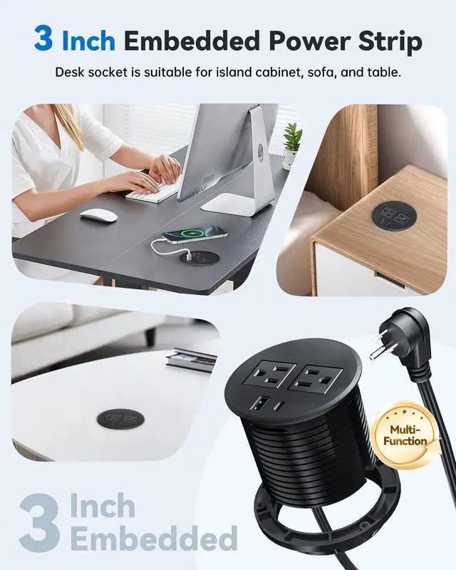 Alt view image 5 of 7 - Desktop Power Grommet with 20W USB C Fast Charging, 3 inch Flush-Mount Recessed Power Strip for Desk,Office Tables,Furniture, Recessed Outlet 6FT Cord, 45° Thin Flat Plug, 2 USB Ports, Black