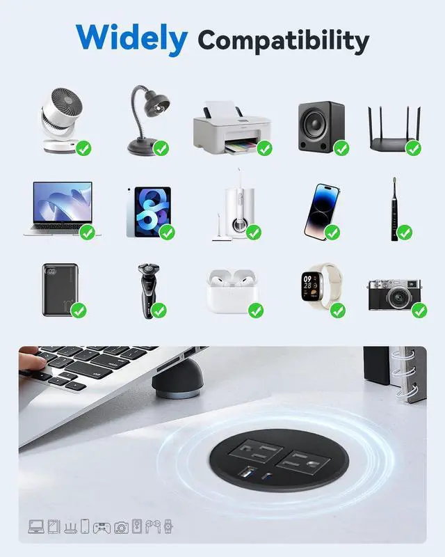 Alt view image 6 of 7 - Desktop Power Grommet with 20W USB C Fast Charging, 3 inch Flush-Mount Recessed Power Strip for Desk,Office Tables,Furniture, Recessed Outlet 6FT Cord, 45° Thin Flat Plug, 2 USB Ports, Black