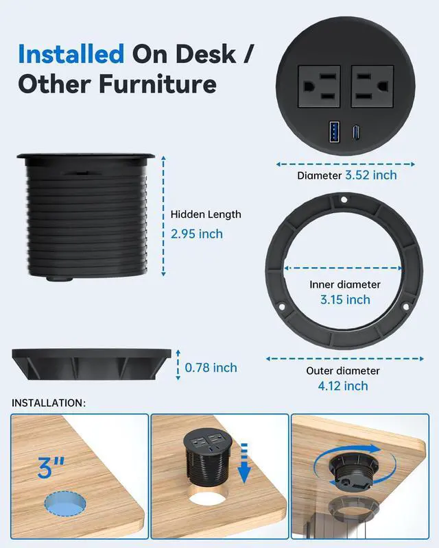 Alt view image 7 of 7 - Desktop Power Grommet with 20W USB C Fast Charging, 3 inch Flush-Mount Recessed Power Strip for Desk,Office Tables,Furniture, Recessed Outlet 6FT Cord, 45° Thin Flat Plug, 2 USB Ports, Black