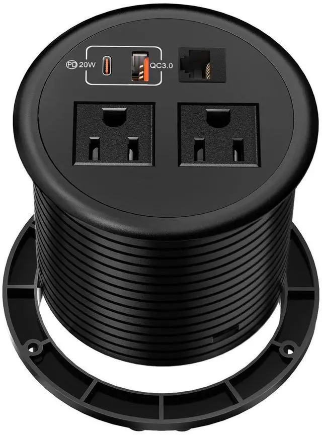 Main image of Desktop Power Grommet with Network Ports 90mm/3.5", Desk Power Outlet Recessed Power Strip with 2 AC Outlet, PD 20W Fast Charging USB-C Port-Flush Mount for Desktop, Table, Kitchen, Office Desk