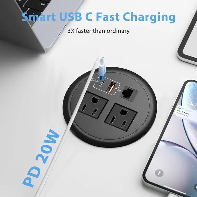 Alt view image 2 of 7 - Desktop Power Grommet with Network Ports 90mm/3.5", Desk Power Outlet Recessed Power Strip with 2 AC Outlet, PD 20W Fast Charging USB-C Port-Flush Mount for Desktop, Table, Kitchen, Office Desk