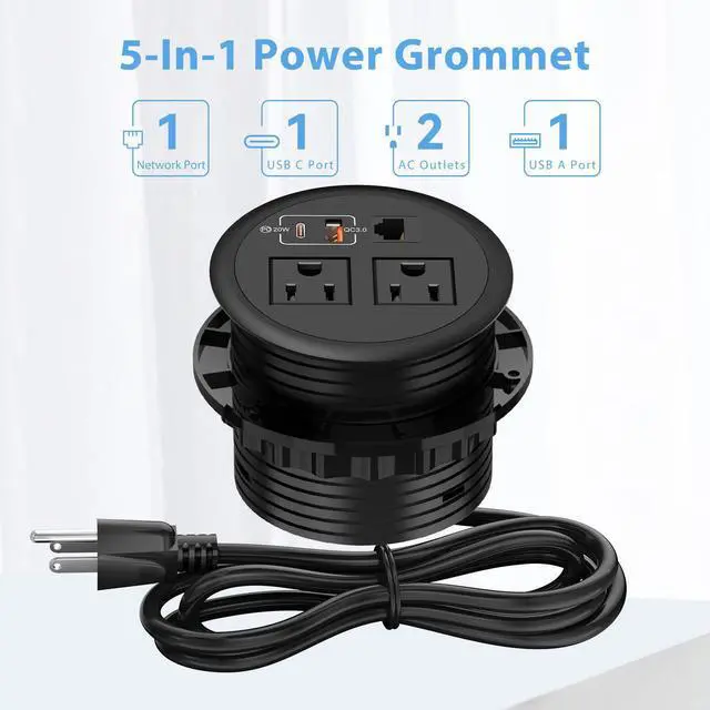 Alt view image 3 of 7 - Desktop Power Grommet with Network Ports 90mm/3.5", Desk Power Outlet Recessed Power Strip with 2 AC Outlet, PD 20W Fast Charging USB-C Port-Flush Mount for Desktop, Table, Kitchen, Office Desk