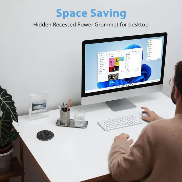 Alt view image 4 of 7 - Desktop Power Grommet with Network Ports 90mm/3.5", Desk Power Outlet Recessed Power Strip with 2 AC Outlet, PD 20W Fast Charging USB-C Port-Flush Mount for Desktop, Table, Kitchen, Office Desk