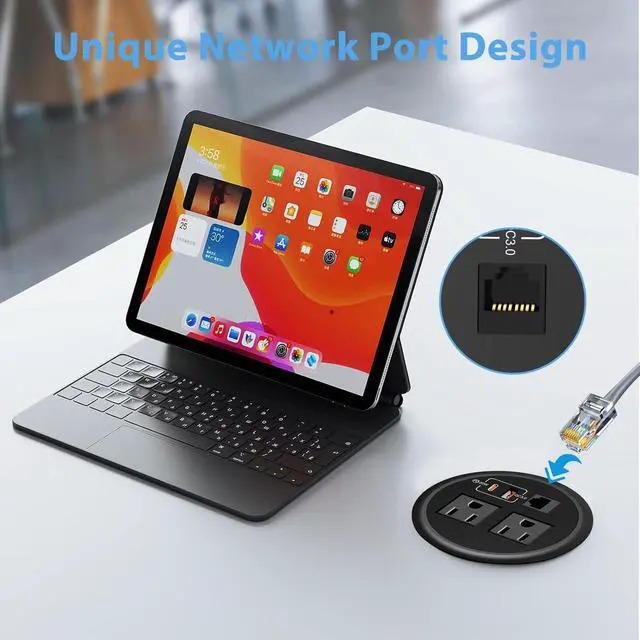 Alt view image 7 of 7 - Desktop Power Grommet with Network Ports 90mm/3.5", Desk Power Outlet Recessed Power Strip with 2 AC Outlet, PD 20W Fast Charging USB-C Port-Flush Mount for Desktop, Table, Kitchen, Office Desk