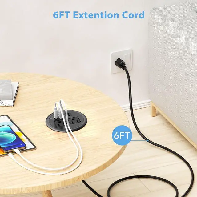 Alt view image 6 of 7 - Desktop Power Grommet with Network Ports 90mm/3.5", Desk Power Outlet Recessed Power Strip with 2 AC Outlet, PD 20W Fast Charging USB-C Port-Flush Mount for Desktop, Table, Kitchen, Office Desk