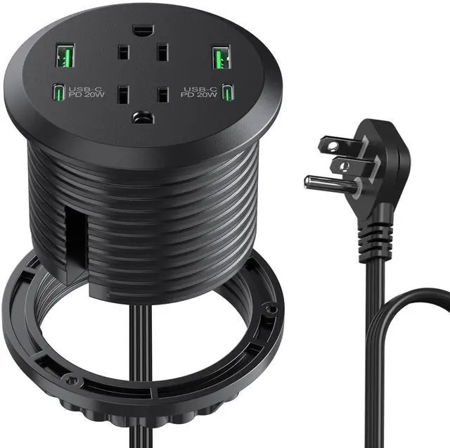 Main image of 3 inch Desktop Power Grommet with PD 20W USB C,Furniture Recessed Power Strip,2 Outlets,4 USB Ports,40W Total,Flush-Mount for Desktop, Workspace Essential Desk Outlet (Black, 6 FT Cable)