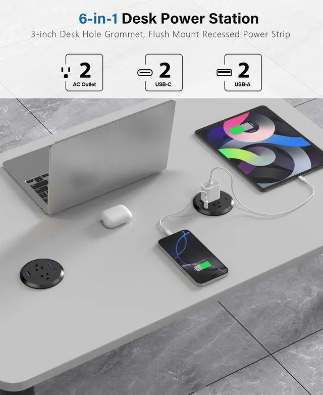 Alt view image 2 of 6 - 3 inch Desktop Power Grommet with PD 20W USB C,Furniture Recessed Power Strip,2 Outlets,4 USB Ports,40W Total,Flush-Mount for Desktop, Workspace Essential Desk Outlet (Black, 6 FT Cable)