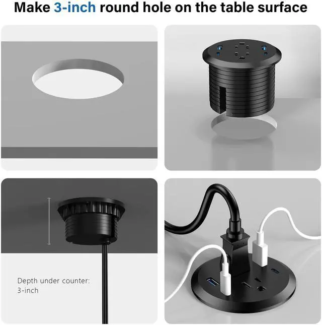 Alt view image 5 of 6 - 3 inch Desktop Power Grommet with PD 20W USB C,Furniture Recessed Power Strip,2 Outlets,4 USB Ports,40W Total,Flush-Mount for Desktop, Workspace Essential Desk Outlet (Black, 6 FT Cable)